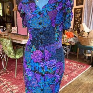 Vintage 80's Floral Patchwork Dress - Purple and Blue